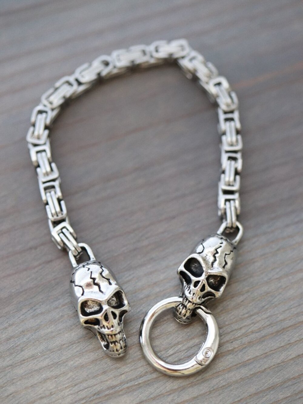 Skull Double Head Gothic Style Byzantine Chain Bracelet Silver Stainless Steel